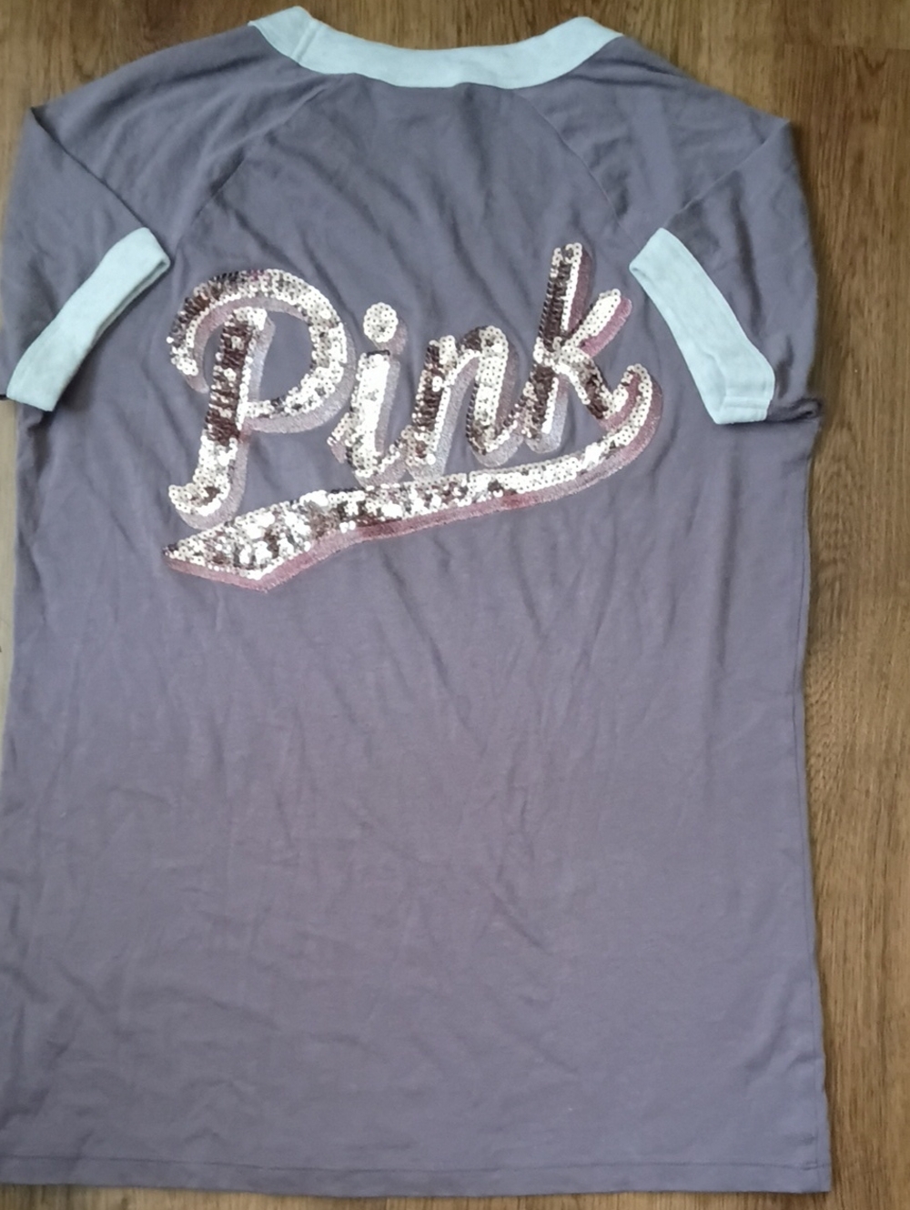 PINK Victoria's Secret Lavender Raglan Tee with Mint Trim and Sequin Script